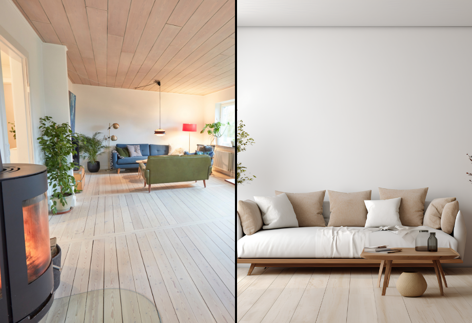 split image of two living rooms with scandinavian pale wood